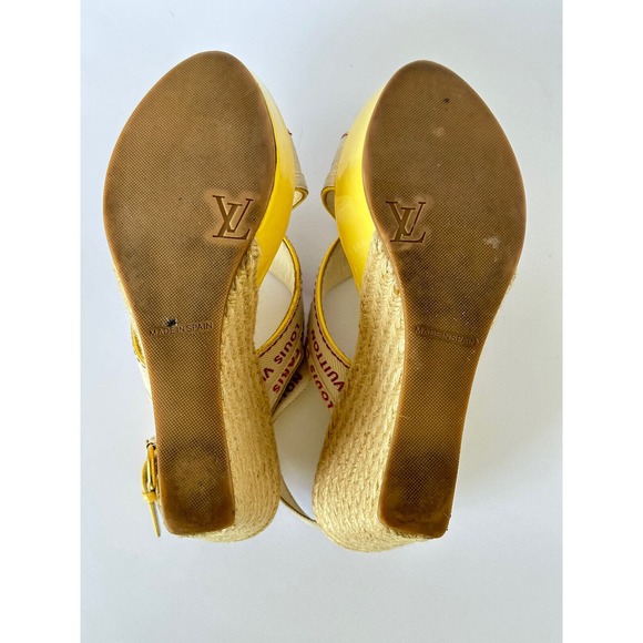 Louis Vuitton Logo Wedge Sandals Heels Espadrilles Cream w Yellow Patent EU 37 - Picture 9 of 11